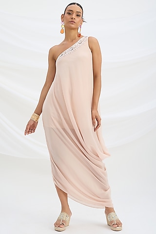Light Pink Viscose Crepe Sequin Embroidered One-Shoulder Draped Dress by Mirroir
