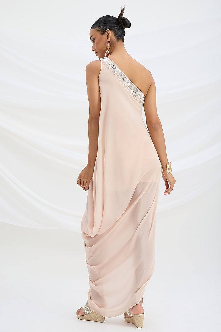 Light Pink Viscose Crepe Sequin Embroidered One-Shoulder Draped Summer Dress by Mirroir at Pernia's Pop Up Shop