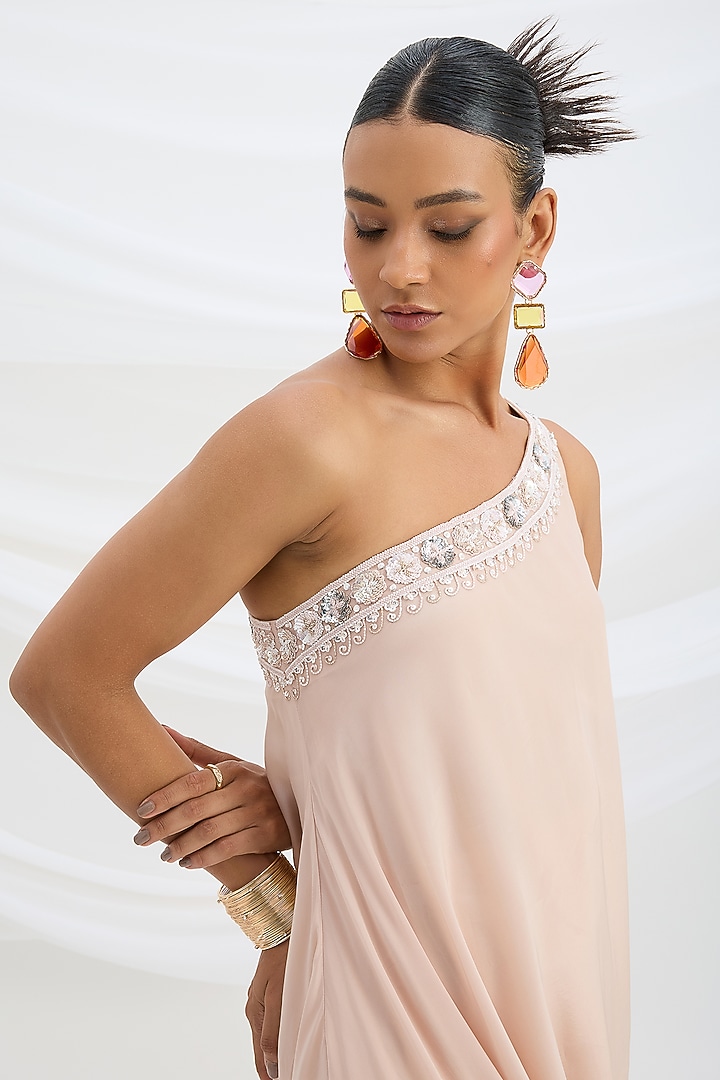 Light Pink Viscose Crepe Sequin Embroidered One-Shoulder Draped Summer Dress by Mirroir at Pernia's Pop Up Shop