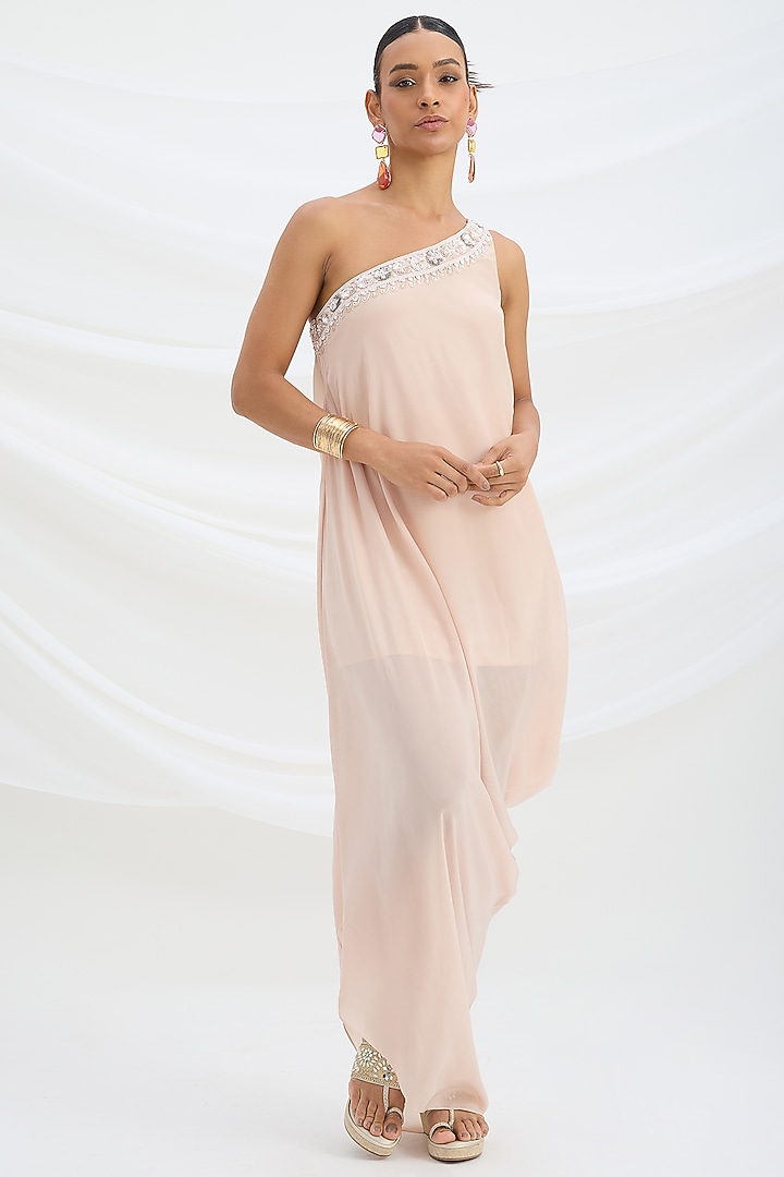 Light Pink Viscose Crepe Sequin Embroidered One-Shoulder Draped Summer Dress by Mirroir at Pernia's Pop Up Shop