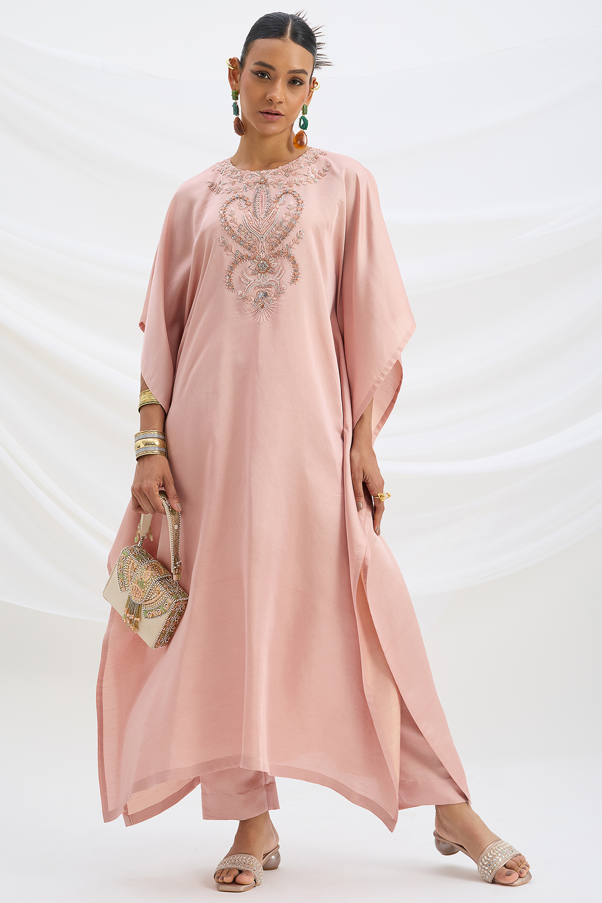Peach Pink Satin Sequin Embroidered Kaftan Set by Mirroir at Pernia's Pop Up Shop