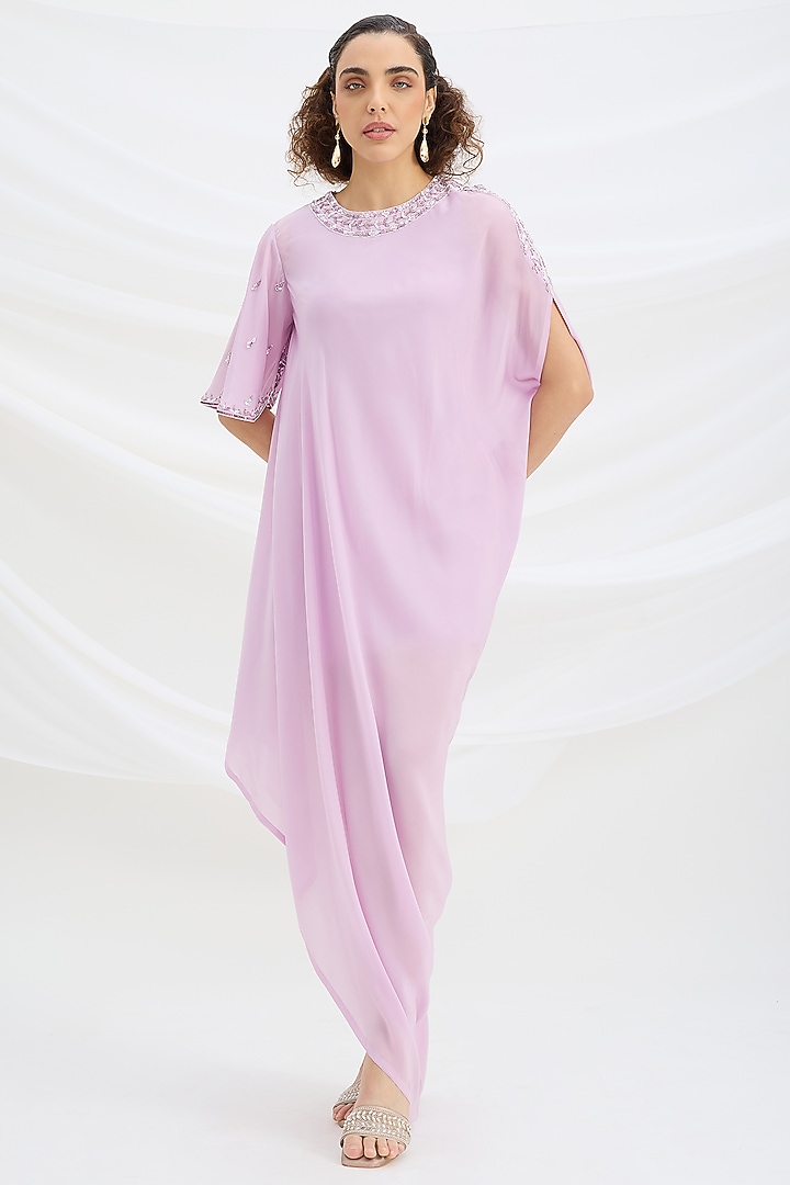 Lilac Viscose Crepe Sequin Embroidered Draped Summer Dress by Mirroir at Pernia's Pop Up Shop