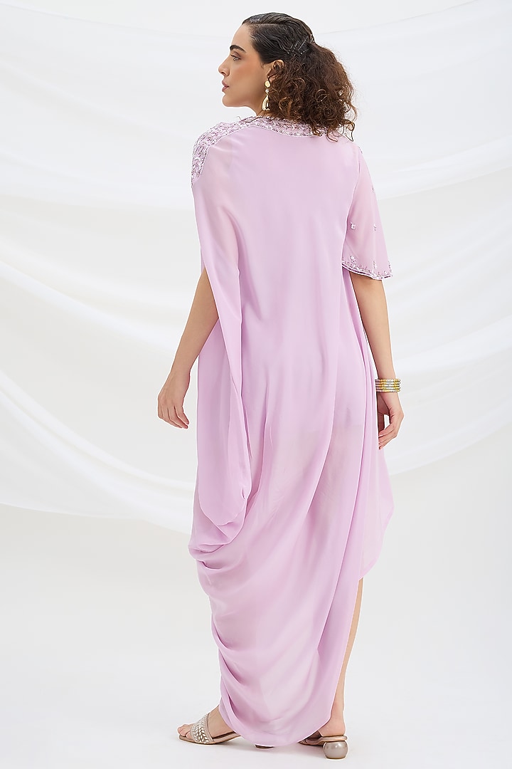 Lilac Viscose Crepe Sequin Embroidered Draped Summer Dress by Mirroir at Pernia's Pop Up Shop