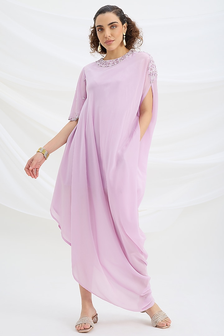 Lilac Viscose Crepe Sequin Embroidered Draped Summer Dress by Mirroir at Pernia's Pop Up Shop