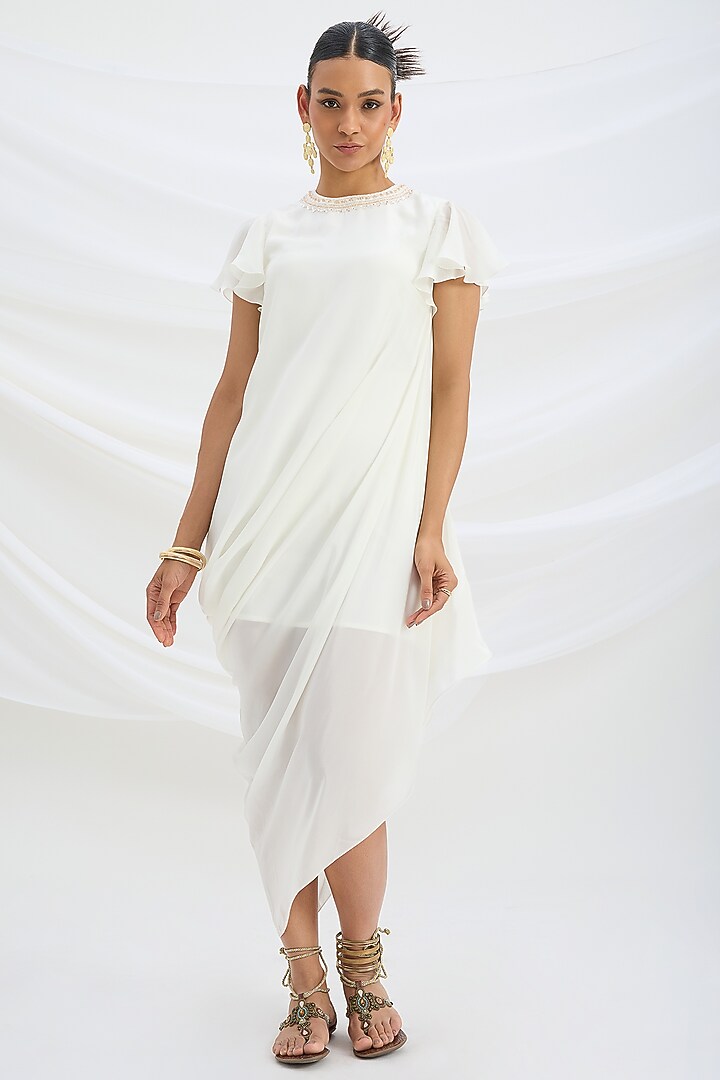 Off-White Viscose Crepe Sequin Embroidered Draped Summer Dress by Mirroir at Pernia's Pop Up Shop