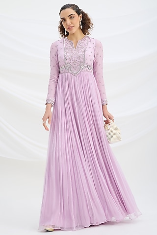 Lilac Viscose Crepe Sequin Embroidered Dress With Dupatta by Mirroir