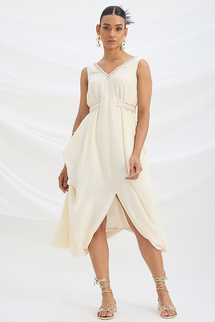 Beige Viscose Crepe Sequin Embroidered Draped Summer Dress by Mirroir at Pernia's Pop Up Shop