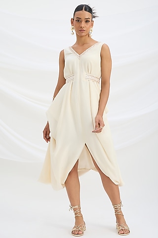 Beige Viscose Crepe Sequin Embroidered Draped Dress by Mirroir
