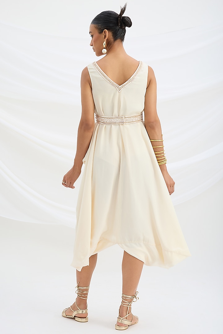 Beige Viscose Crepe Sequin Embroidered Draped Summer Dress by Mirroir at Pernia's Pop Up Shop