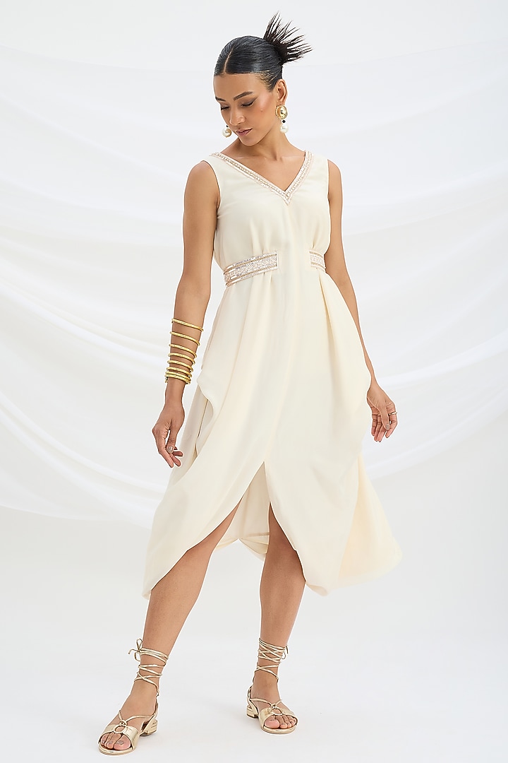 Beige Viscose Crepe Sequin Embroidered Draped Summer Dress by Mirroir at Pernia's Pop Up Shop