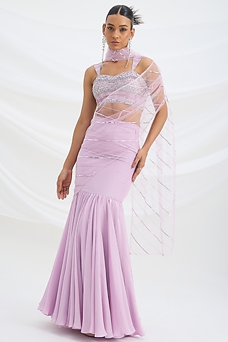 Lilac Viscose Crepe Cutdana Embroidered Fish-Cut Lehenga Set by Mirroir
