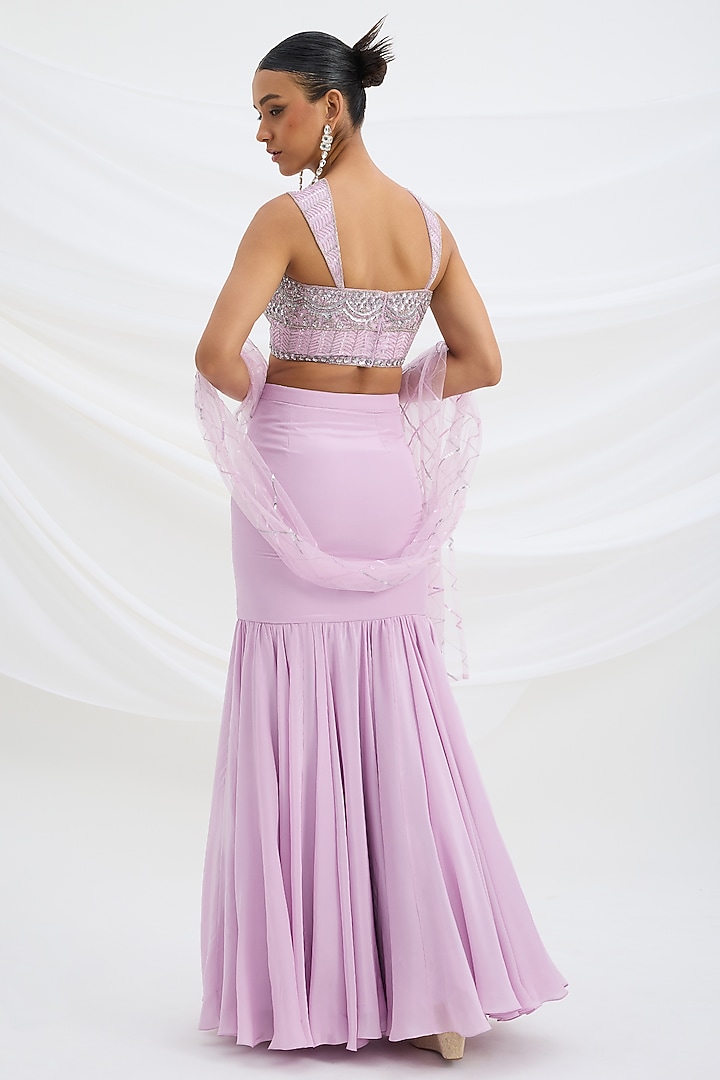 Lilac Viscose Crepe Cutdana Embroidered Fish-Cut Wedding Lehenga Set by Mirroir at Pernia's Pop Up Shop