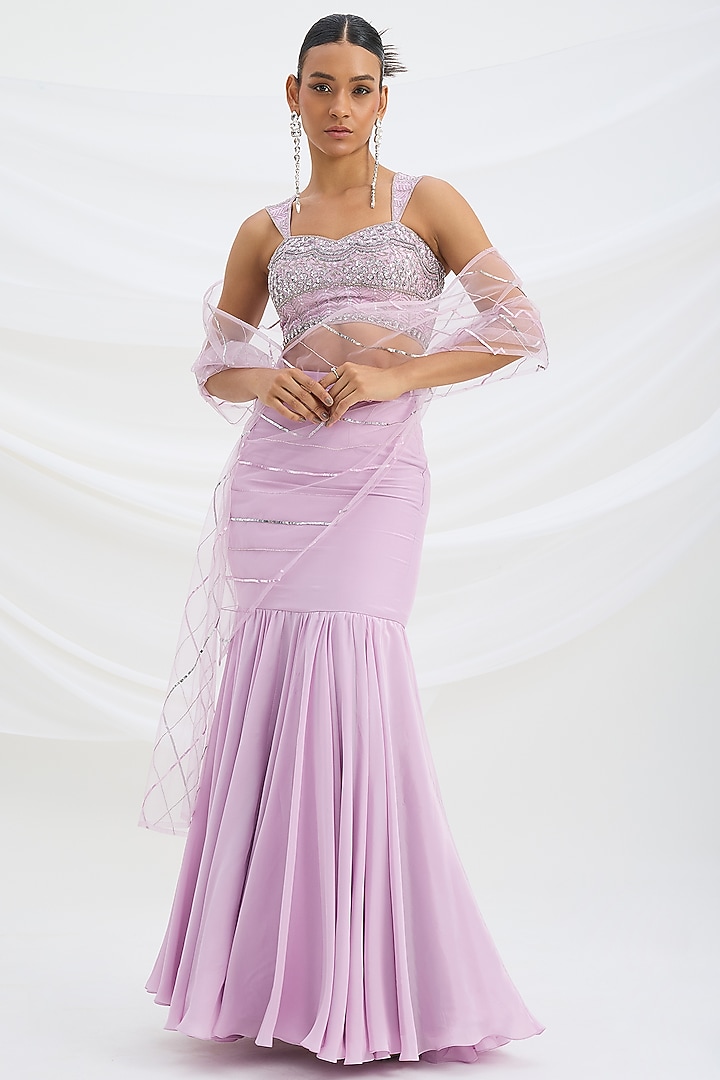 Lilac Viscose Crepe Cutdana Embroidered Fish-Cut Wedding Lehenga Set by Mirroir at Pernia's Pop Up Shop