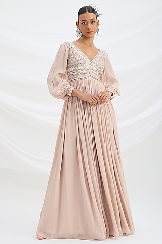 Light Pink Viscose Crepe Sequin Embroidered Dress With Dupatta by Mirroir