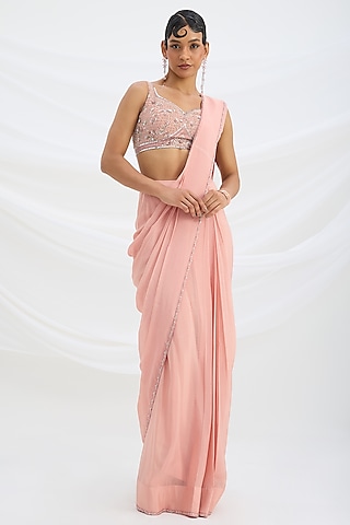 Peach Pink Chiffon Draped Saree Set by Mirroir