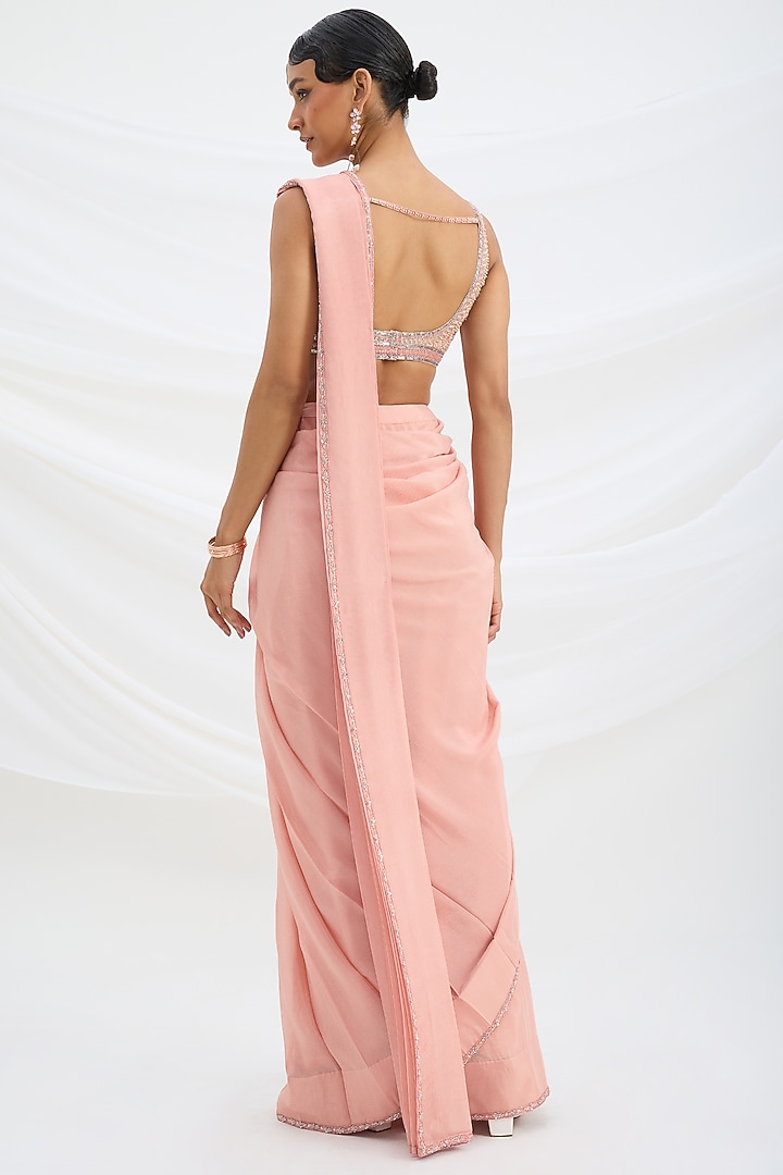 Peach Pink Chiffon Draped Wedding Saree Set by Mirroir at Pernia's Pop Up Shop