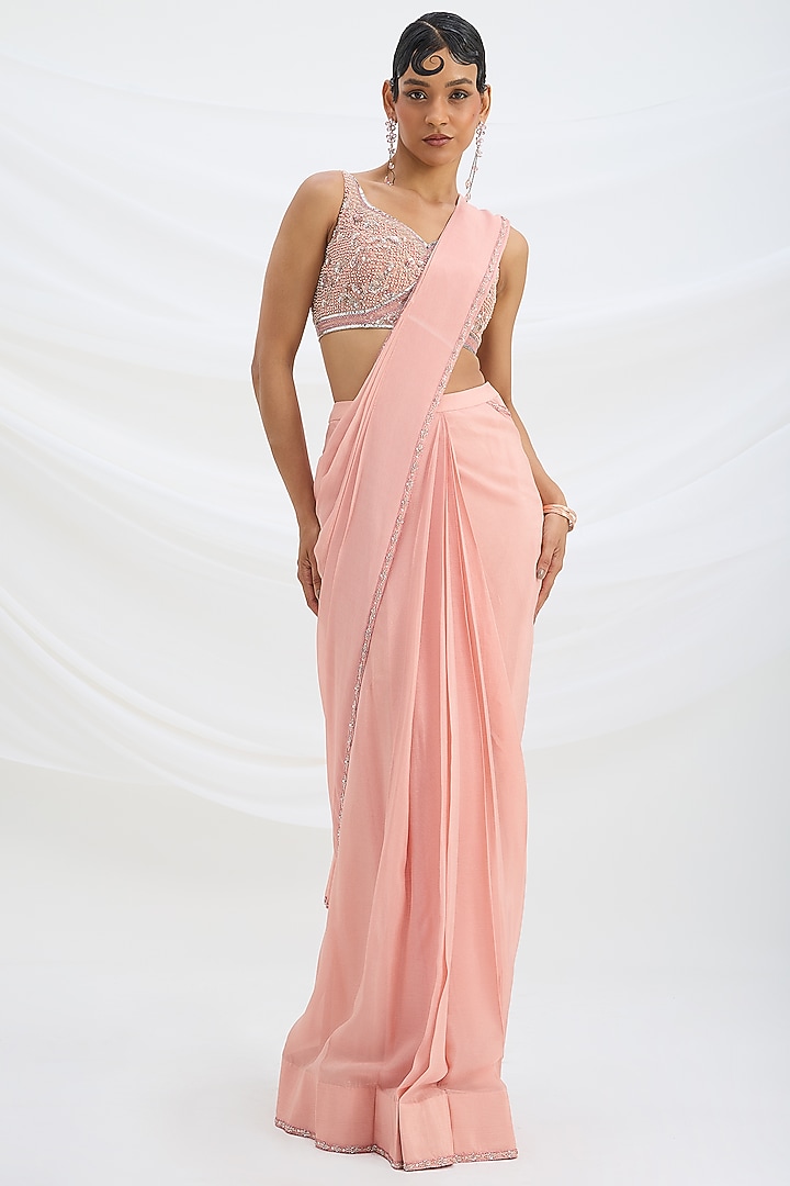 Peach Pink Chiffon Draped Wedding Saree Set by Mirroir at Pernia's Pop Up Shop
