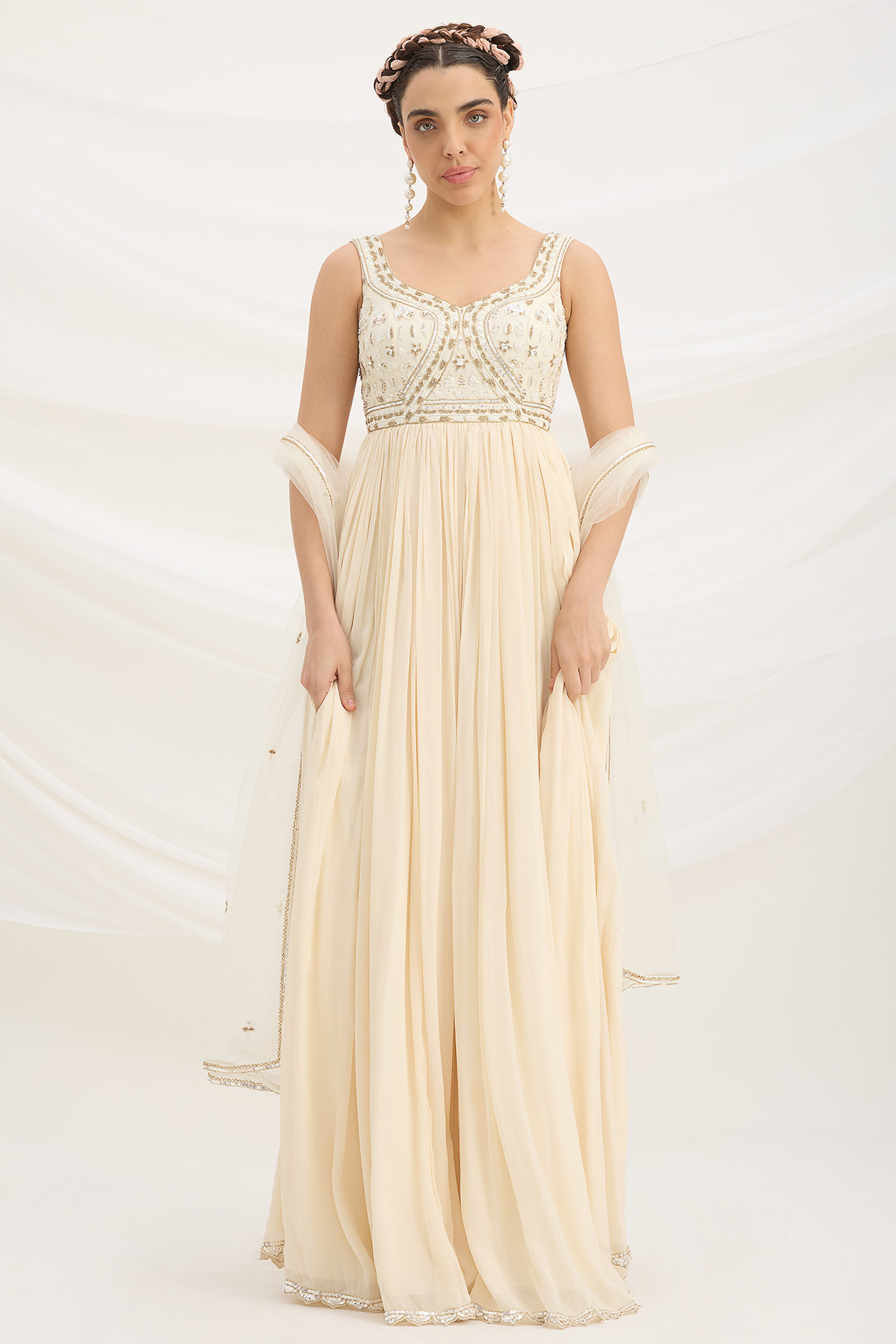 Beige Viscose Dupion Sequin Embroidered Cocktail Dress With Dupatta by Mirroir at Pernia's Pop Up Shop