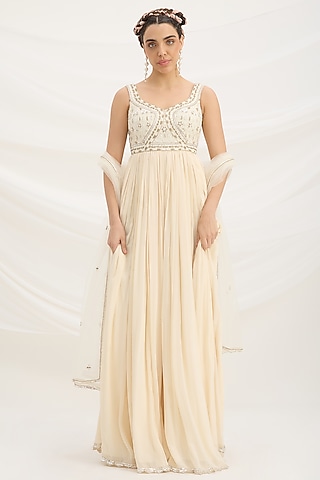 Beige Viscose Dupion Sequin Embroidered Dress With Dupatta by Mirroir