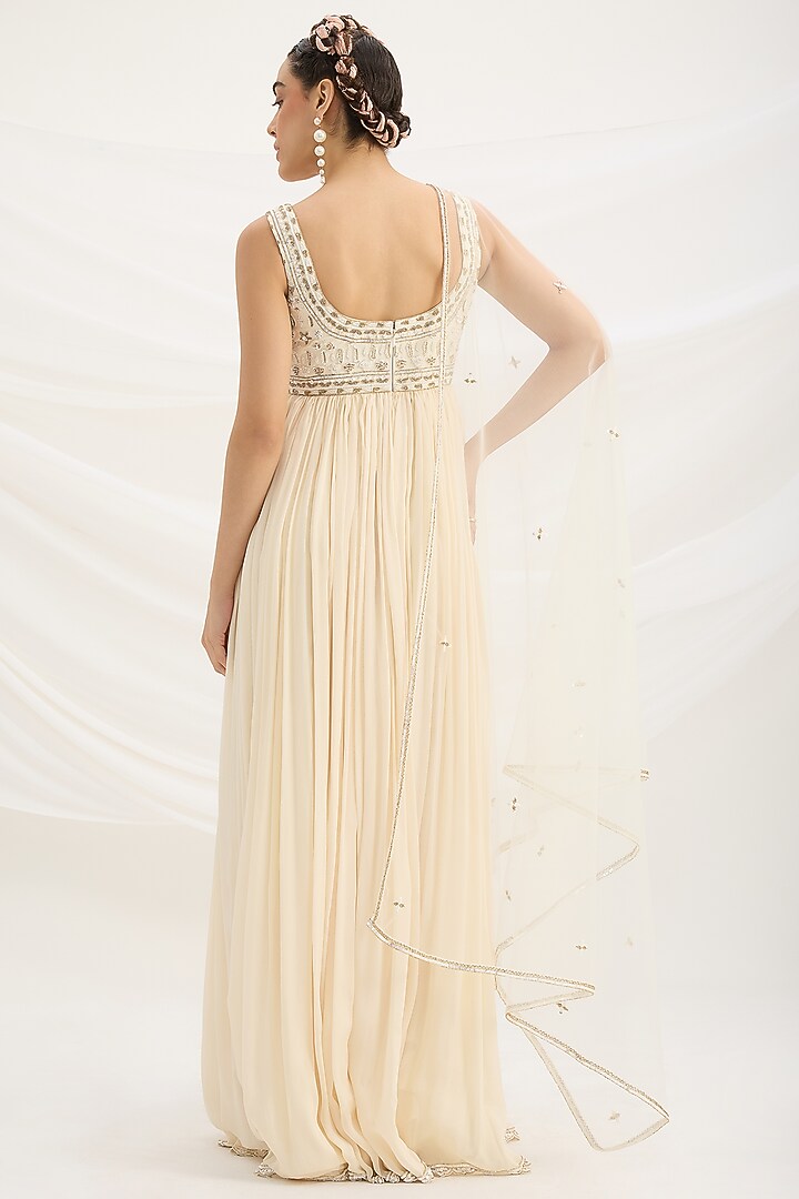 Beige Viscose Dupion Sequin Embroidered Cocktail Dress With Dupatta by Mirroir at Pernia's Pop Up Shop