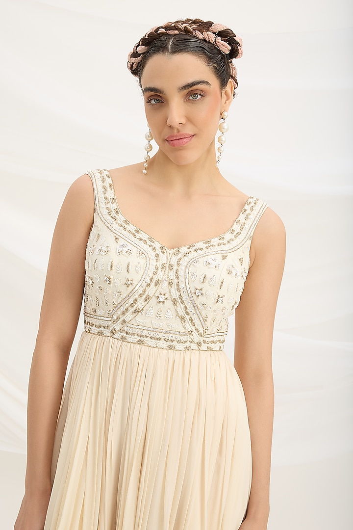 Beige Viscose Dupion Sequin Embroidered Cocktail Dress With Dupatta by Mirroir at Pernia's Pop Up Shop