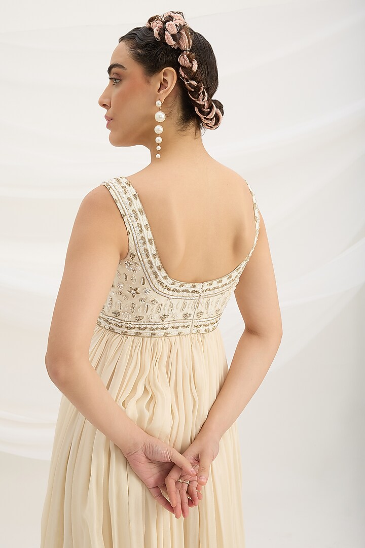 Beige Viscose Dupion Sequin Embroidered Cocktail Dress With Dupatta by Mirroir at Pernia's Pop Up Shop