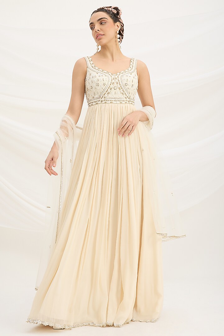Beige Viscose Dupion Sequin Embroidered Cocktail Dress With Dupatta by Mirroir at Pernia's Pop Up Shop