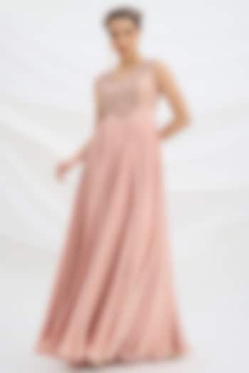 Peach Pink Viscose Crepe Sequin Embroidered Cocktail Dress With Dupatta by Mirroir at Pernia's Pop Up Shop