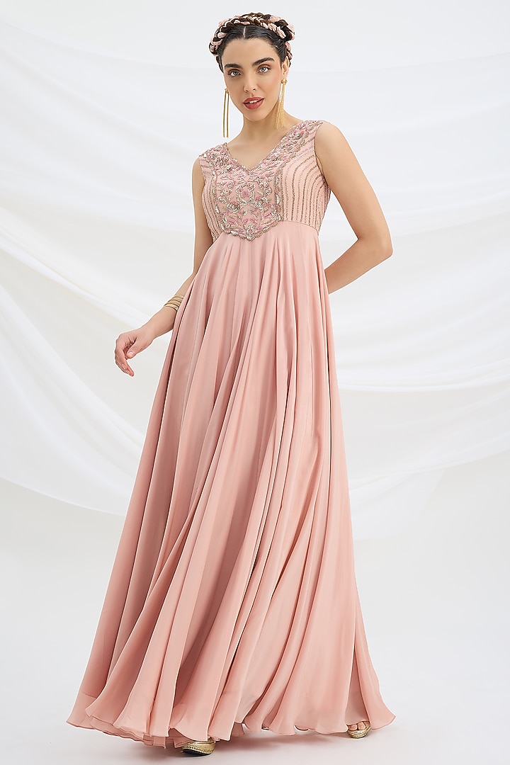 Peach Pink Viscose Crepe Sequin Embroidered Cocktail Dress With Dupatta by Mirroir at Pernia's Pop Up Shop