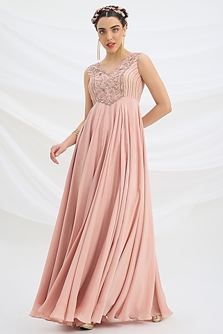 Peach Pink Viscose Crepe Sequin Embroidered Dress With Dupatta by Mirroir