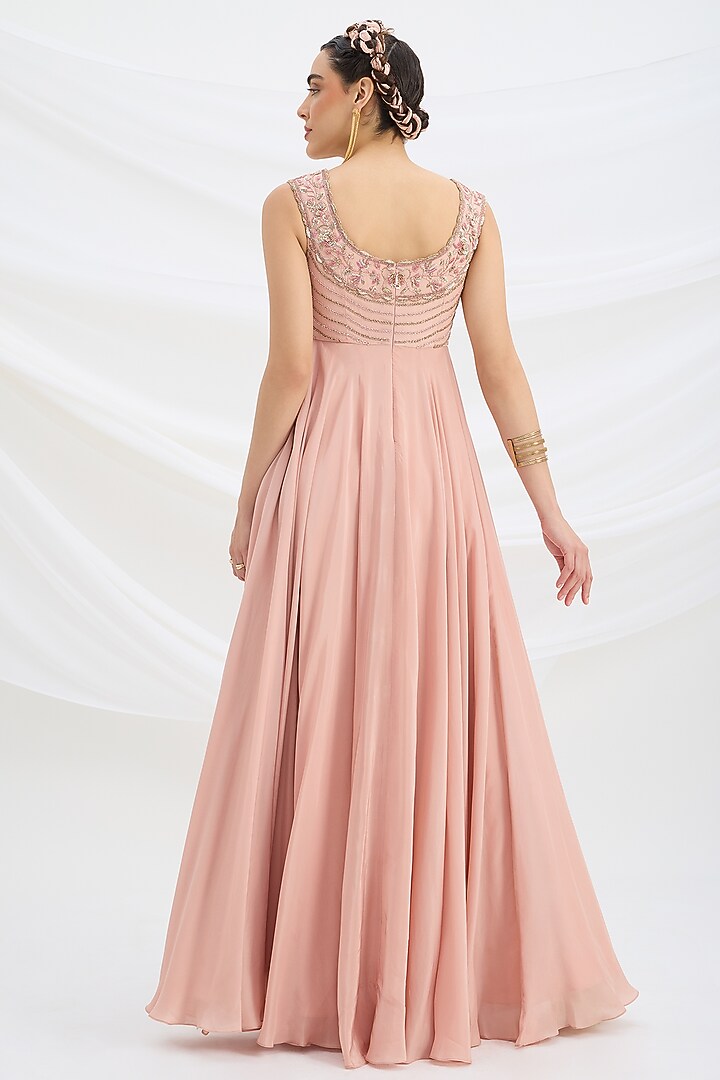 Peach Pink Viscose Crepe Sequin Embroidered Cocktail Dress With Dupatta by Mirroir at Pernia's Pop Up Shop