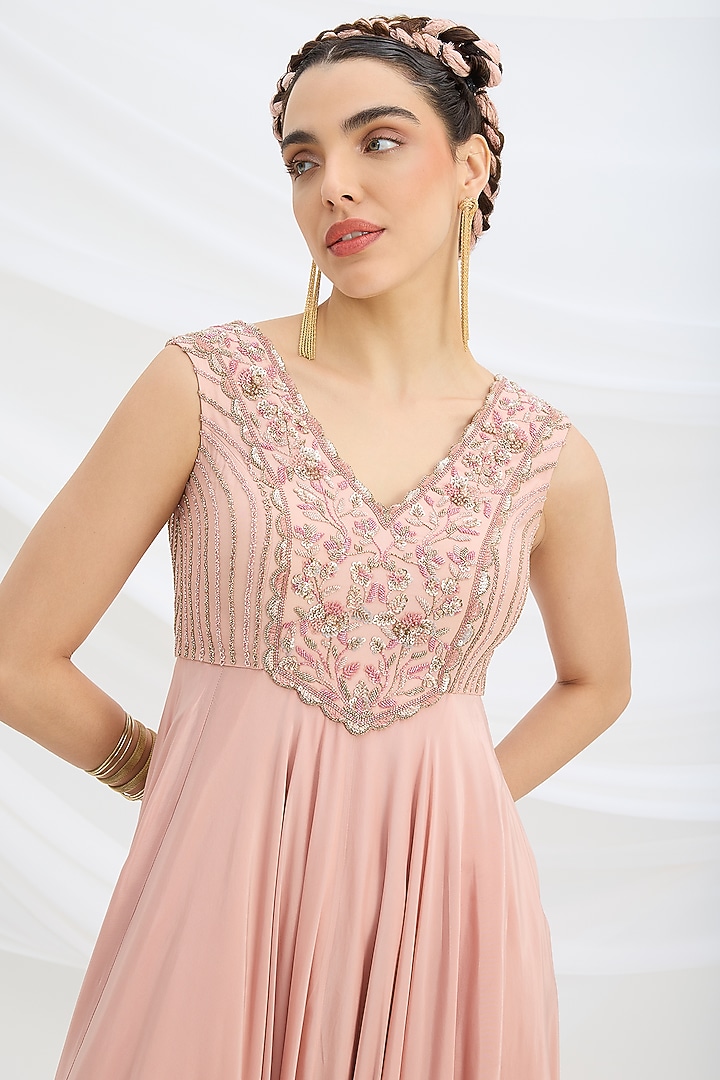 Peach Pink Viscose Crepe Sequin Embroidered Cocktail Dress With Dupatta by Mirroir at Pernia's Pop Up Shop