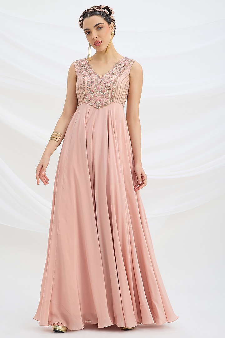Peach Pink Viscose Crepe Sequin Embroidered Cocktail Dress With Dupatta by Mirroir at Pernia's Pop Up Shop