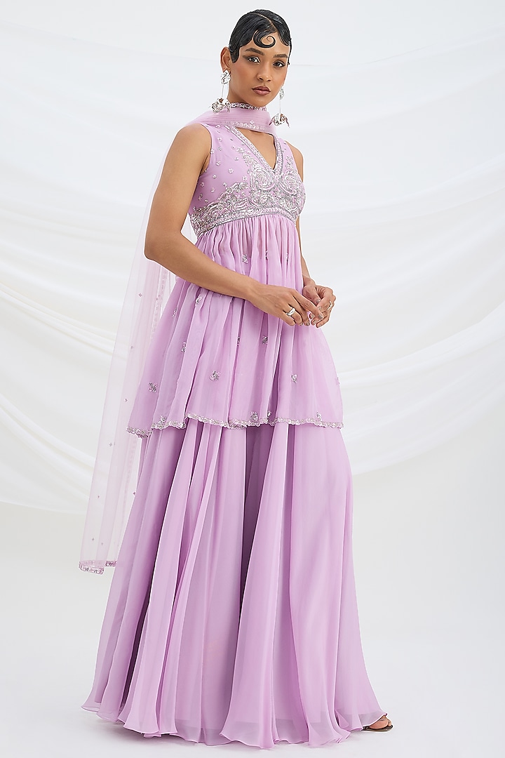Lilac Viscose Organza Wedding Sharara Set by Mirroir at Pernia's Pop Up Shop