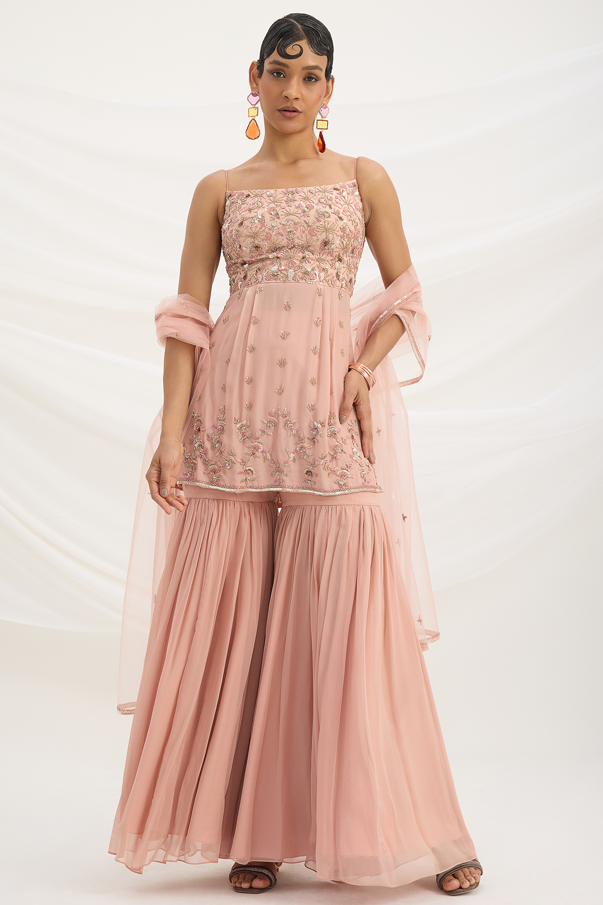 Peach Pink Georgette Wedding Sharara Set by Mirroir at Pernia's Pop Up Shop