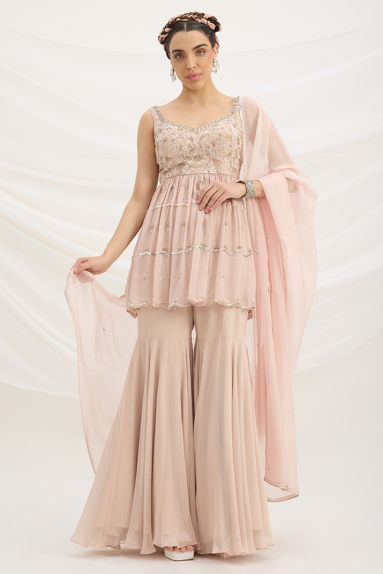 Light Pink Viscose Crepe Wedding Sharara Set by Mirroir at Pernia's Pop Up Shop