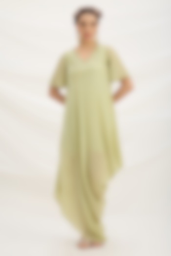 Pista Green Viscose Crepe Cutdana Embroidered Draped Summer Dress by Mirroir at Pernia's Pop Up Shop