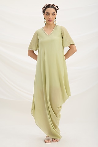 Pista Green Viscose Crepe Cutdana Embroidered Draped Dress by Mirroir