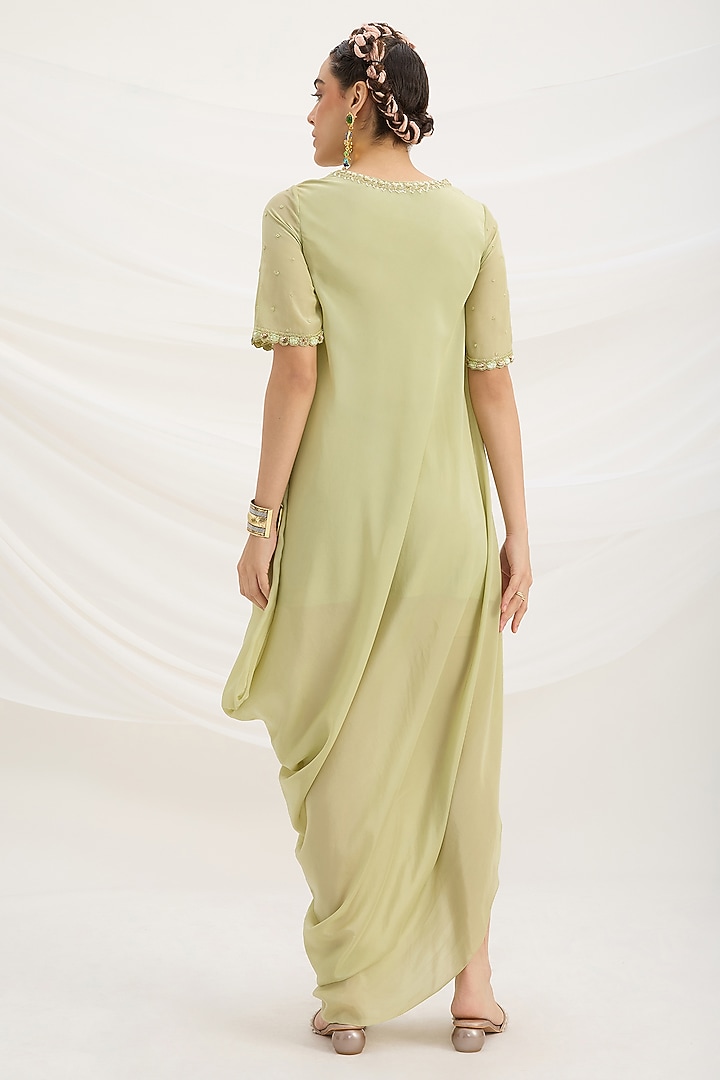 Pista Green Viscose Crepe Cutdana Embroidered Draped Summer Dress by Mirroir at Pernia's Pop Up Shop