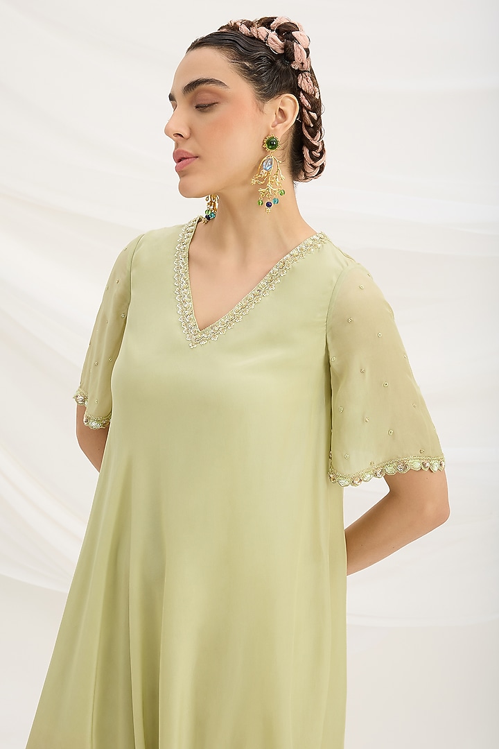 Pista Green Viscose Crepe Cutdana Embroidered Draped Summer Dress by Mirroir at Pernia's Pop Up Shop