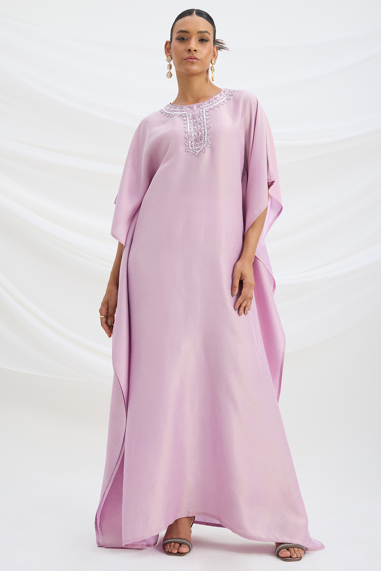 Lilac Satin Sequin Embroidered Kaftan Set by Mirroir at Pernia's Pop Up Shop