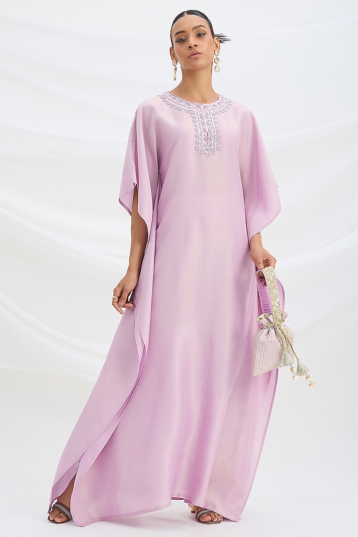 Lilac Satin Sequin Embroidered Kaftan Set by Mirroir at Pernia's Pop Up Shop
