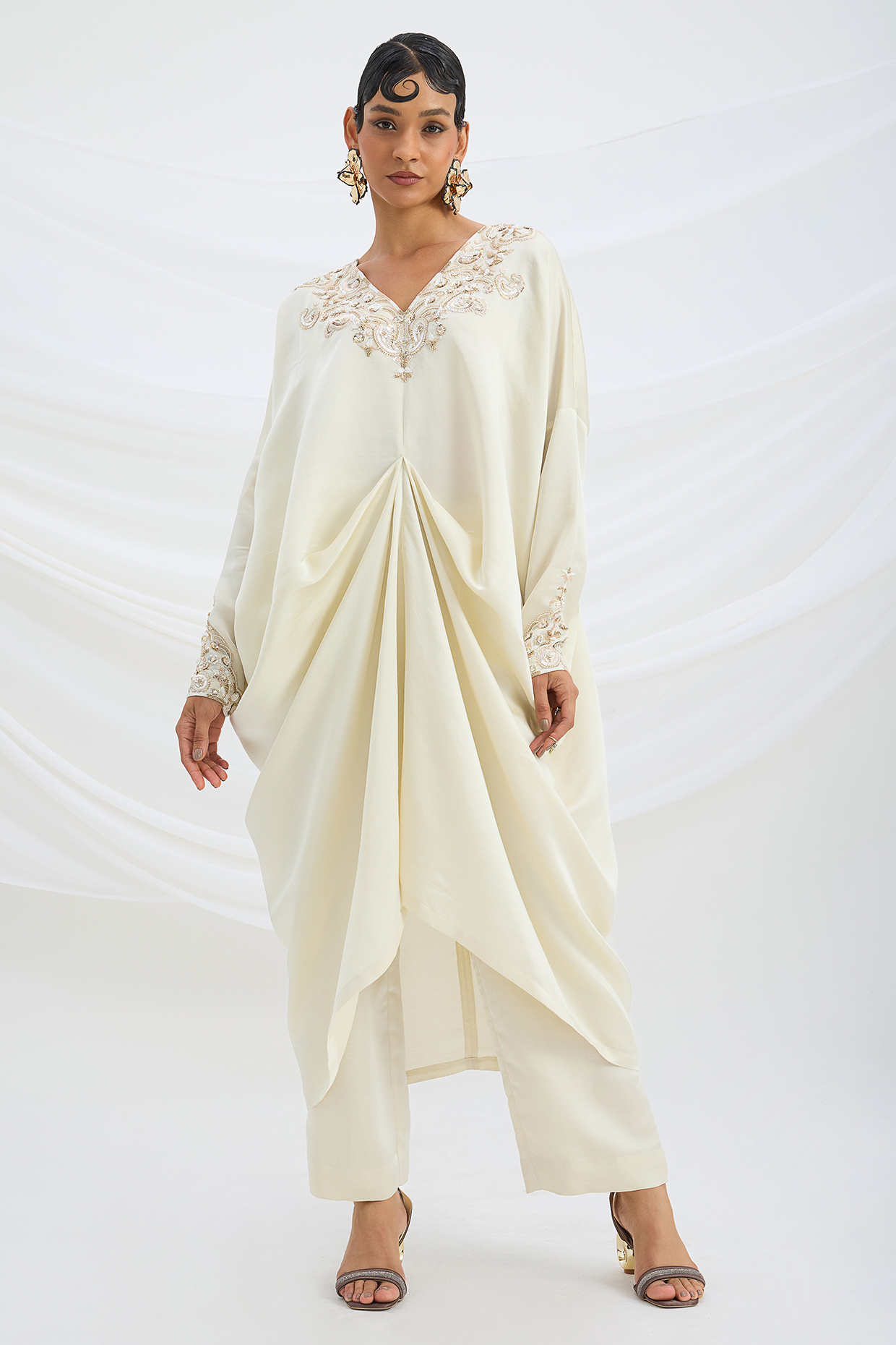 Beige Satin Sequin Embroidered Draped Kaftan Set by Mirroir at Pernia's Pop Up Shop