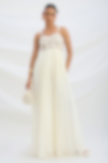 Ivory Chiffon Cutdana Embroidered Jumpsuit by Mirroir at Pernia's Pop Up Shop