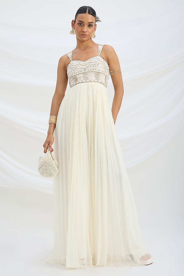 Ivory Chiffon Cutdana Embroidered Jumpsuit by Mirroir at Pernia's Pop Up Shop