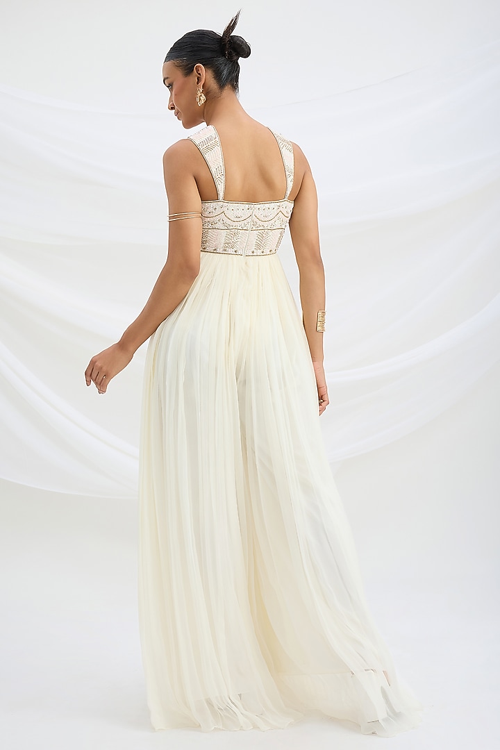 Ivory Chiffon Cutdana Embroidered Jumpsuit by Mirroir at Pernia's Pop Up Shop