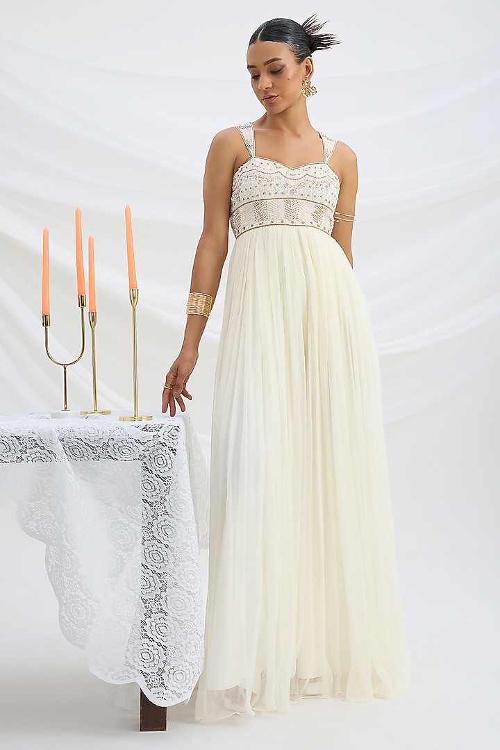 Ivory Chiffon Cutdana Embroidered Jumpsuit by Mirroir at Pernia's Pop Up Shop