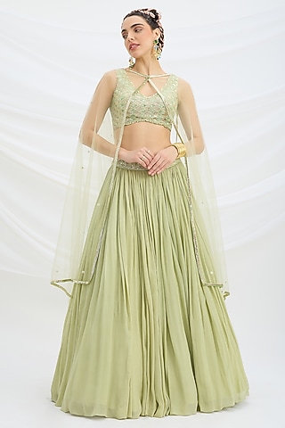 Pista Green Viscose Crepe Cutdana Embroidered Lehenga Set by Mirroir