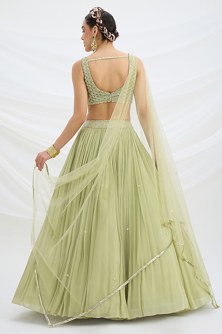 Pista Green Viscose Crepe Cutdana Embroidered Wedding Lehenga Set by Mirroir at Pernia's Pop Up Shop
