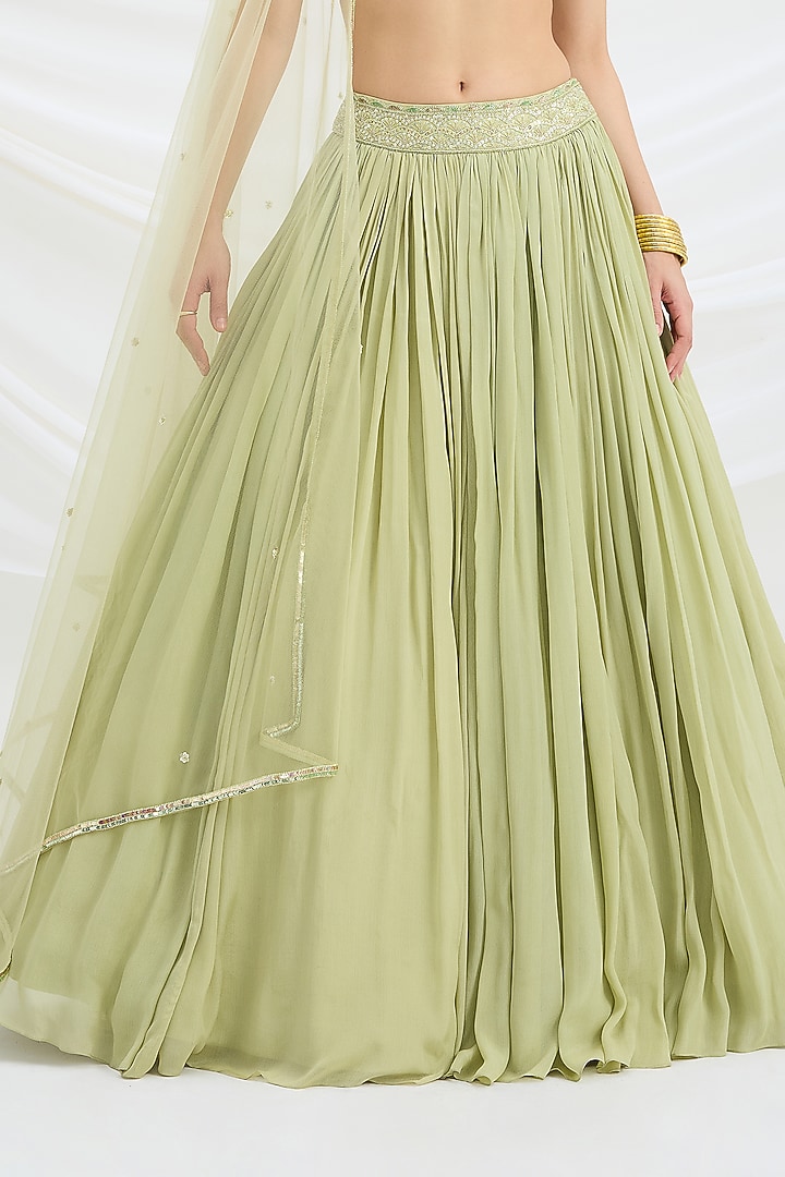 Pista Green Viscose Crepe Cutdana Embroidered Wedding Lehenga Set by Mirroir at Pernia's Pop Up Shop